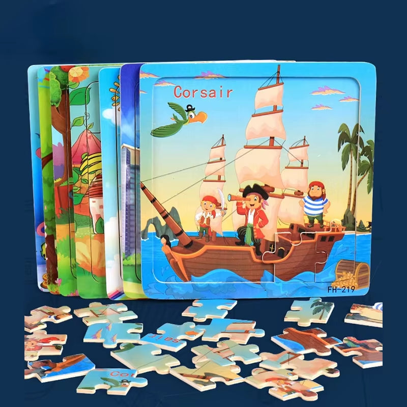 Montessori 3D Wooden Puzzle: Cartoon Animals and Vehicles