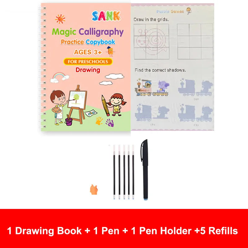 4-Piece Sank Magic Practice Copybook Set for Preschoolers - Reusable Calligraphy Writing Books with Free Wiping Feature