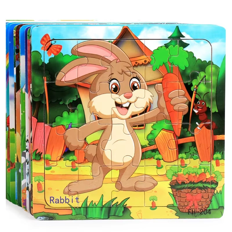 20-Piece Montessori 3D Cartoon Animal and Vehicle Wooden Jigsaw Puzzle for Early Childhood Education