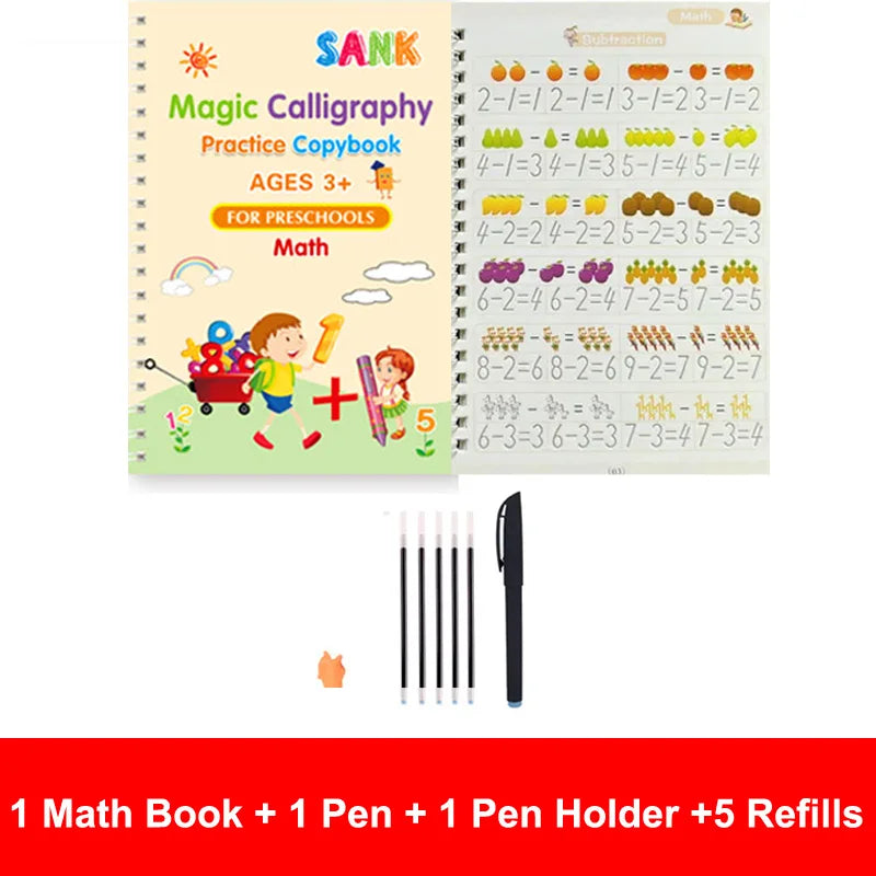 4-Piece Sank Magic Practice Copybook Set for Preschoolers - Reusable Calligraphy Writing Books with Free Wiping Feature