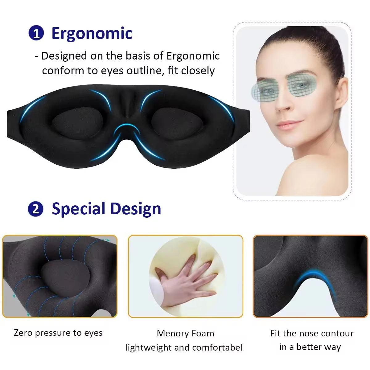 3D Contoured Sleep Mask with Earplugs - Light Blocking Eye Mask for Men and Women