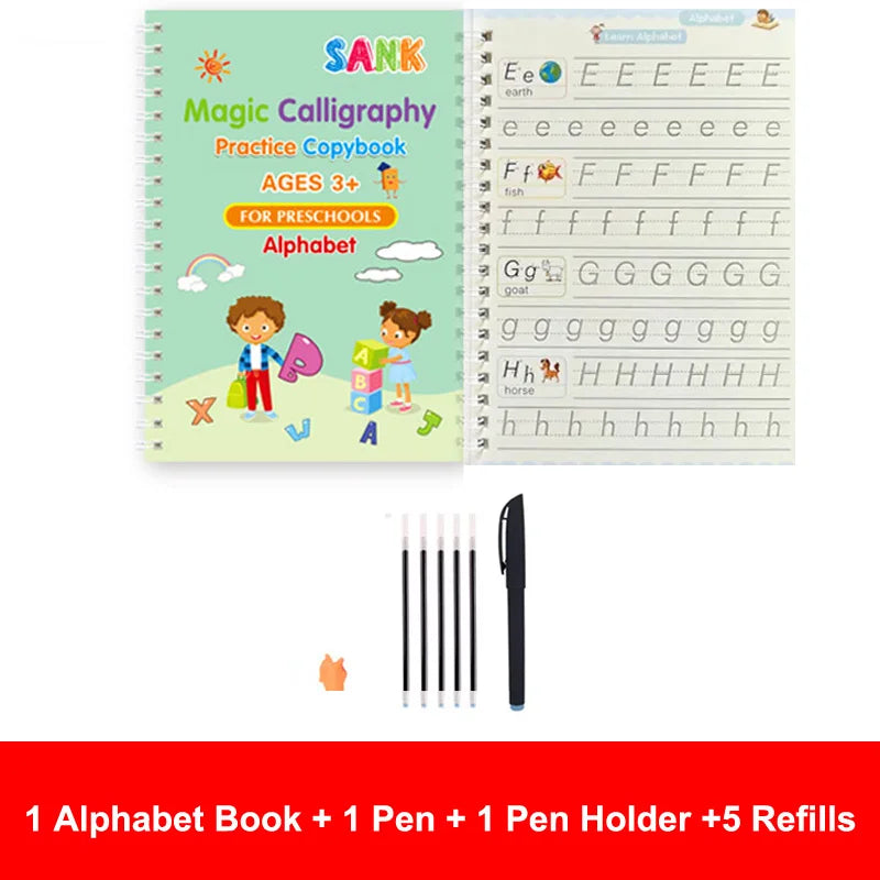 4-Piece Sank Magic Practice Copybook Set for Preschoolers - Reusable Calligraphy Writing Books with Free Wiping Feature