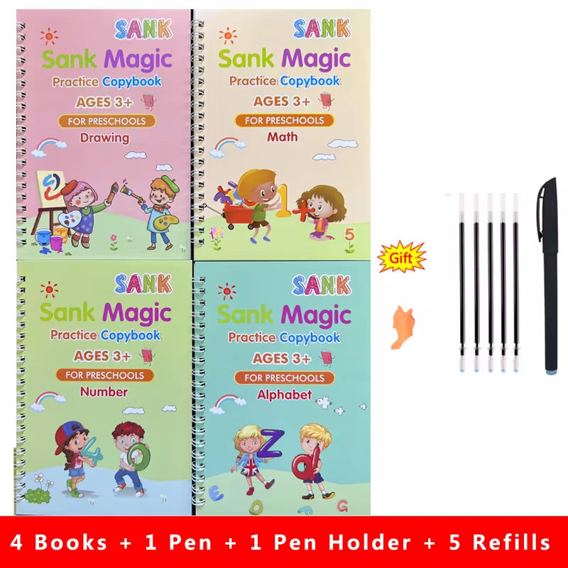 4-Piece Sank Magic Practice Copybook Set for Preschoolers - Reusable Calligraphy Writing Books with Free Wiping Feature