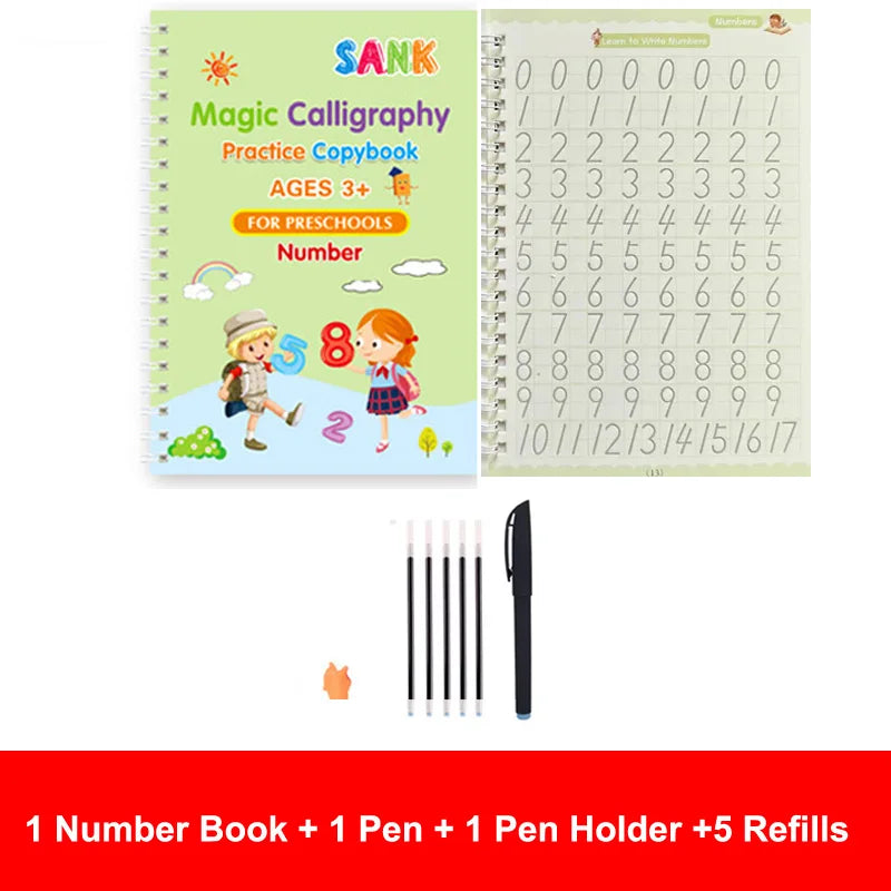 4-Piece Sank Magic Practice Copybook Set for Preschoolers - Reusable Calligraphy Writing Books with Free Wiping Feature