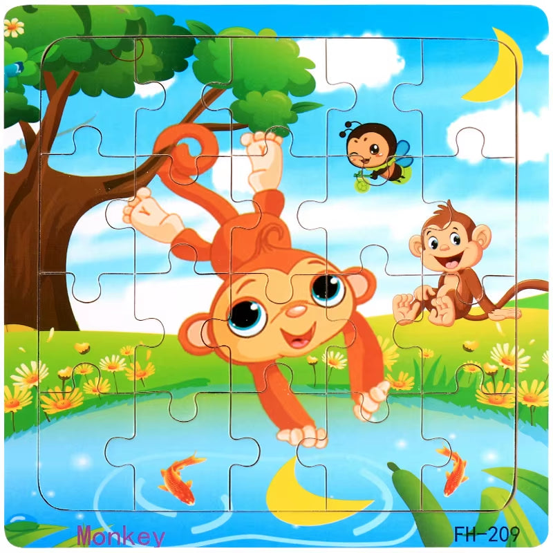 Montessori 3D Wooden Puzzle: Cartoon Animals and Vehicles