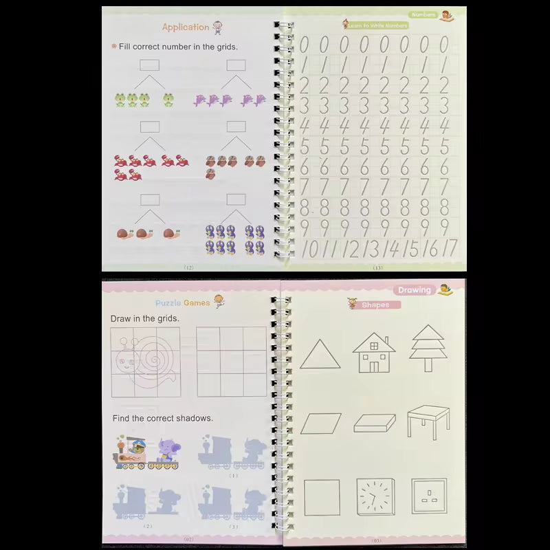 4-Piece Sank Magic Practice Copybook Set for Preschoolers - Reusable Calligraphy Writing Books with Free Wiping Feature