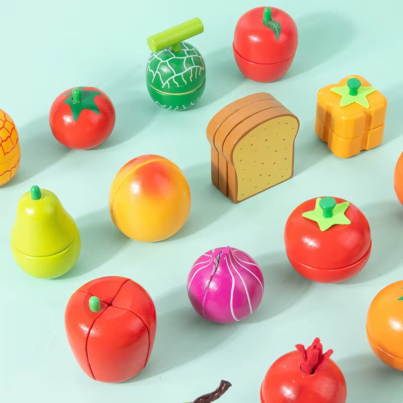 Magnetic Wooden Cutting Fruits and Vegetables Simulation Kitchen Playset - Montessori Educational Toy for Children