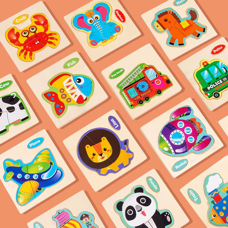 3D Wooden Cartoon Animal Jigsaw Puzzle for Early Learning - Educational Toy for Children