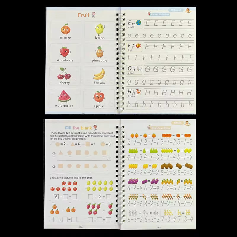 4-Piece Sank Magic Practice Copybook Set for Preschoolers - Reusable Calligraphy Writing Books with Free Wiping Feature