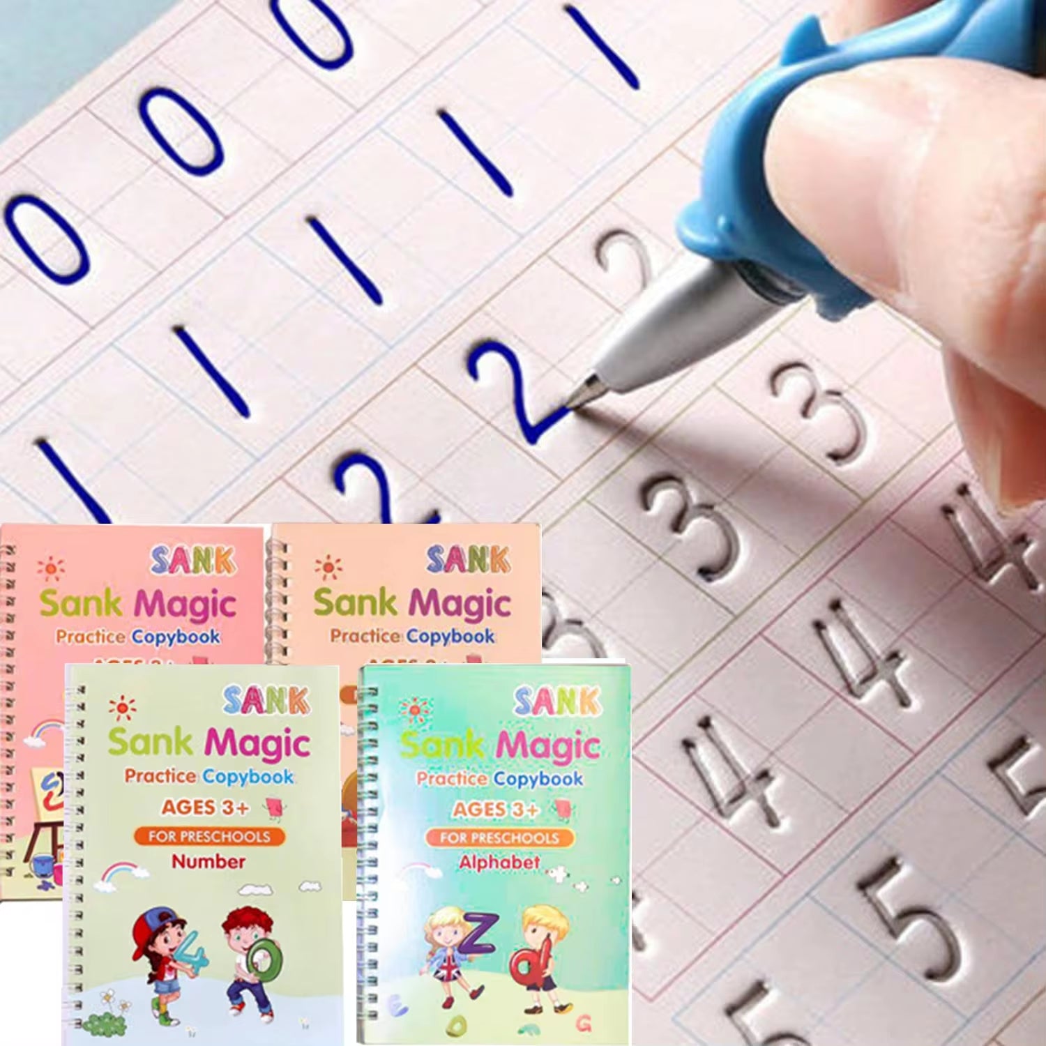 4-Piece Sank Magic Practice Copybook Set for Preschoolers - Reusable Calligraphy Writing Books with Free Wiping Feature