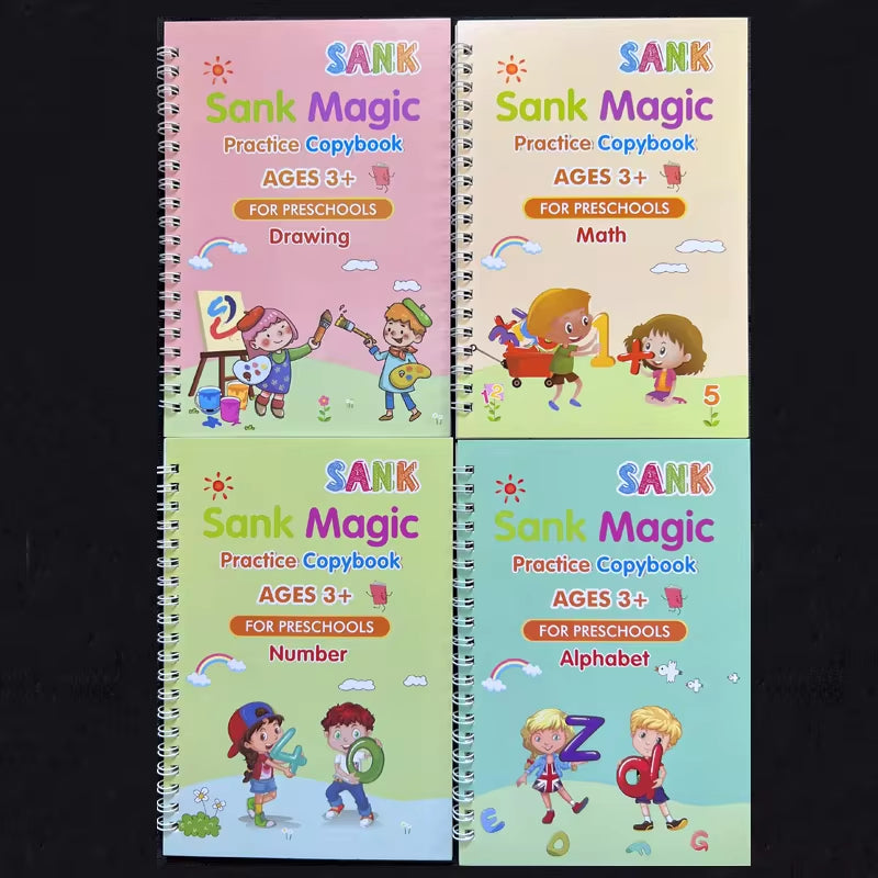 4-Piece Sank Magic Practice Copybook Set for Preschoolers - Reusable Calligraphy Writing Books with Free Wiping Feature